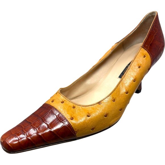Giorgio's of Palm Beach Shoes - Giorgio's of Palm Beach Ostrich with Embossed Leather Kitten Heel Pumps